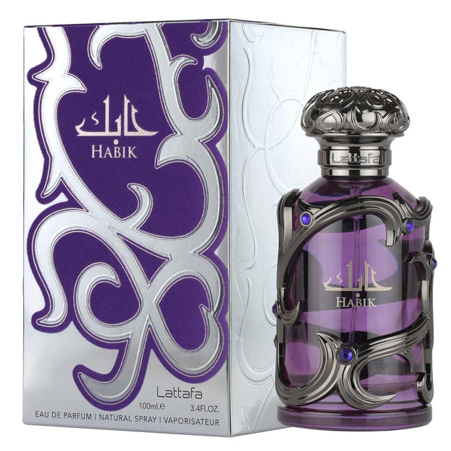 Purple perfume bottle with silver accents and 'Habik' branding next to its packaging.