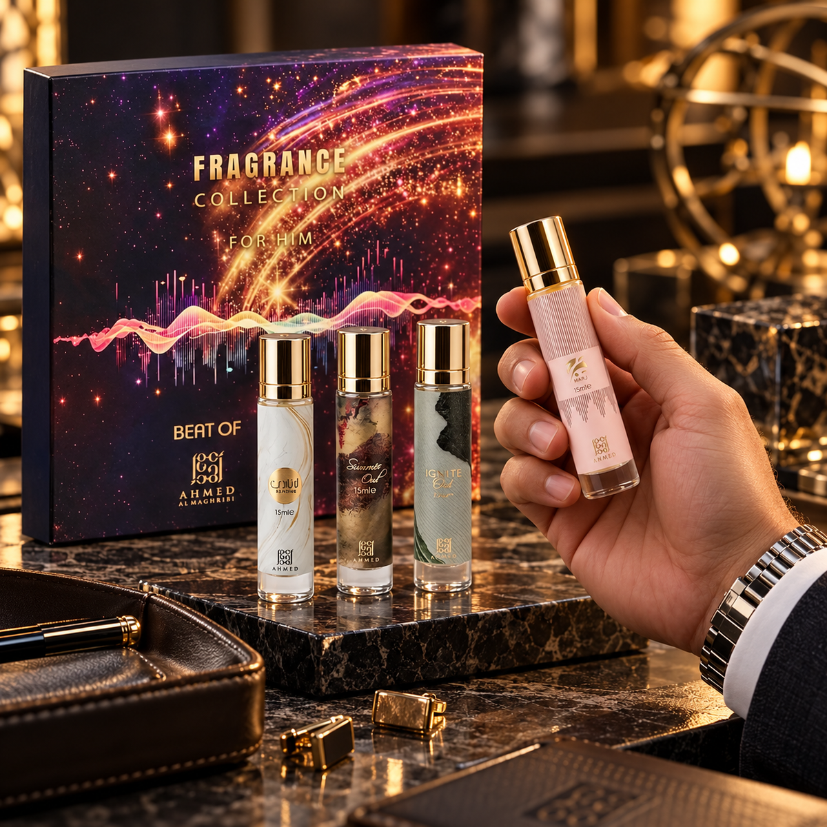 Ahmed Al Maghribi Fragrance Collection for Him Beat Marj, Laathani, Ignite Oud & Summer Oud 4-Piece Gift Set for Men