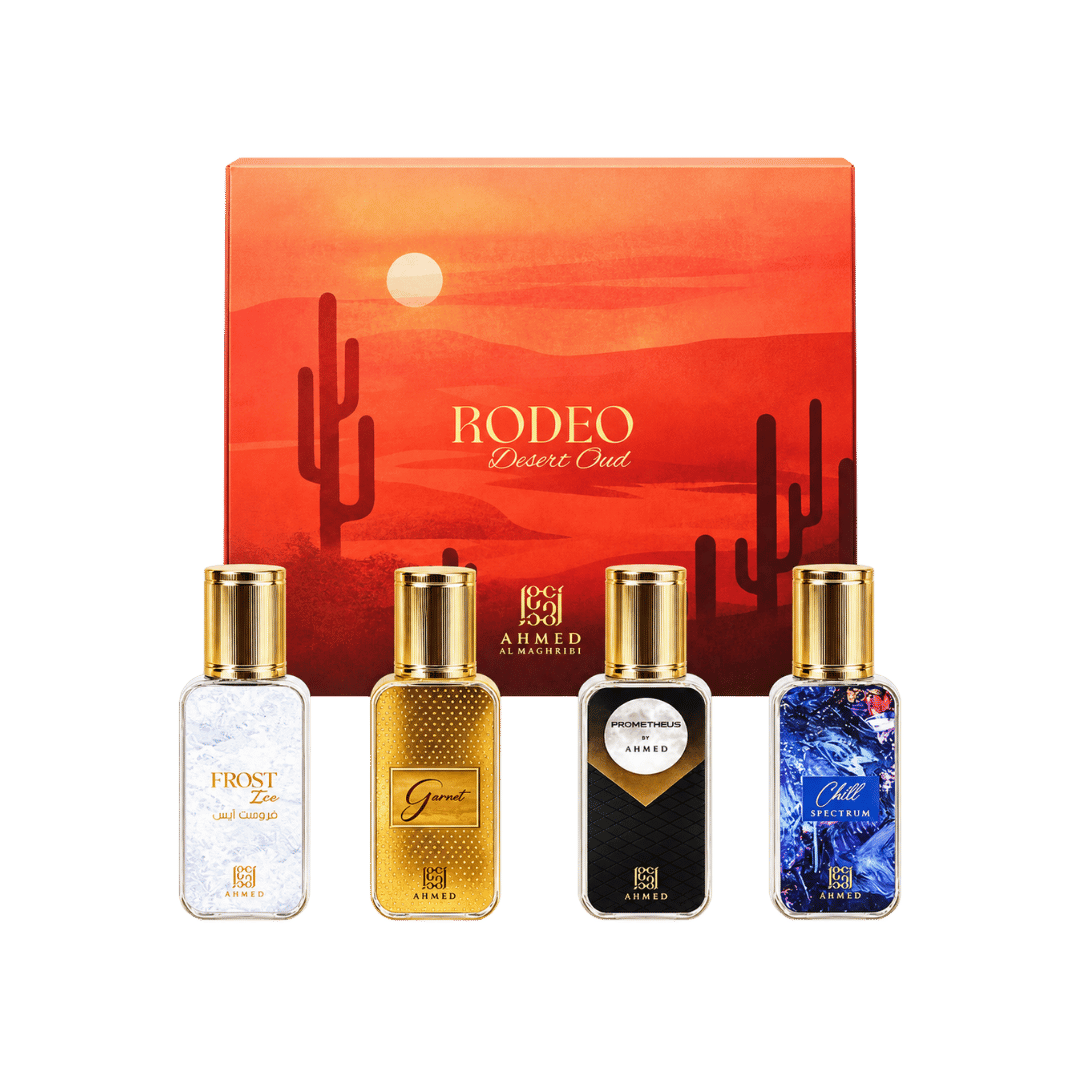 Ahmed Al Maghribi Rodeo Desert Oud Chill Spectrum, Garnet, Prometheus & Frost Ice 4-Piece Gift Set for Unisex