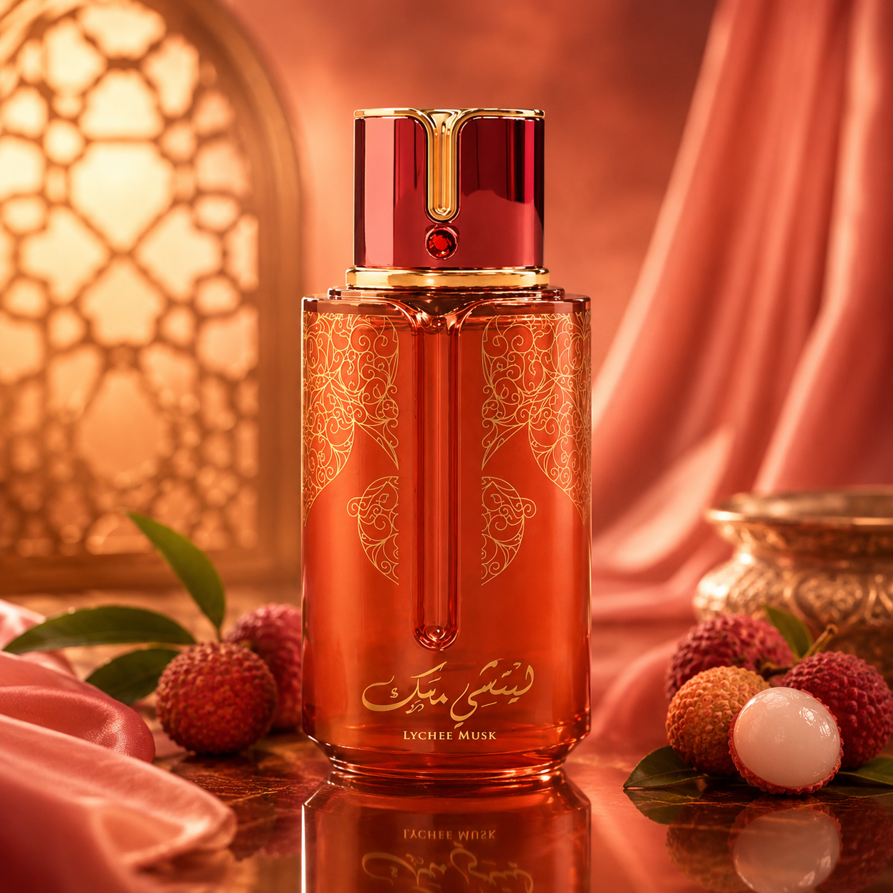 Arabiyat Prestige Lychee Musk Eau de Parfum 3.4 oz bottle displayed with fresh lychee fruit