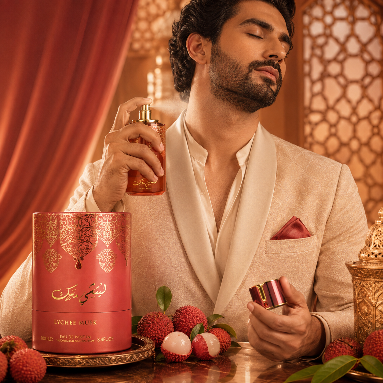 Man applying Arabiyat Prestige Lychee Musk Eau de Parfum beside the 3.4 oz fragrance box