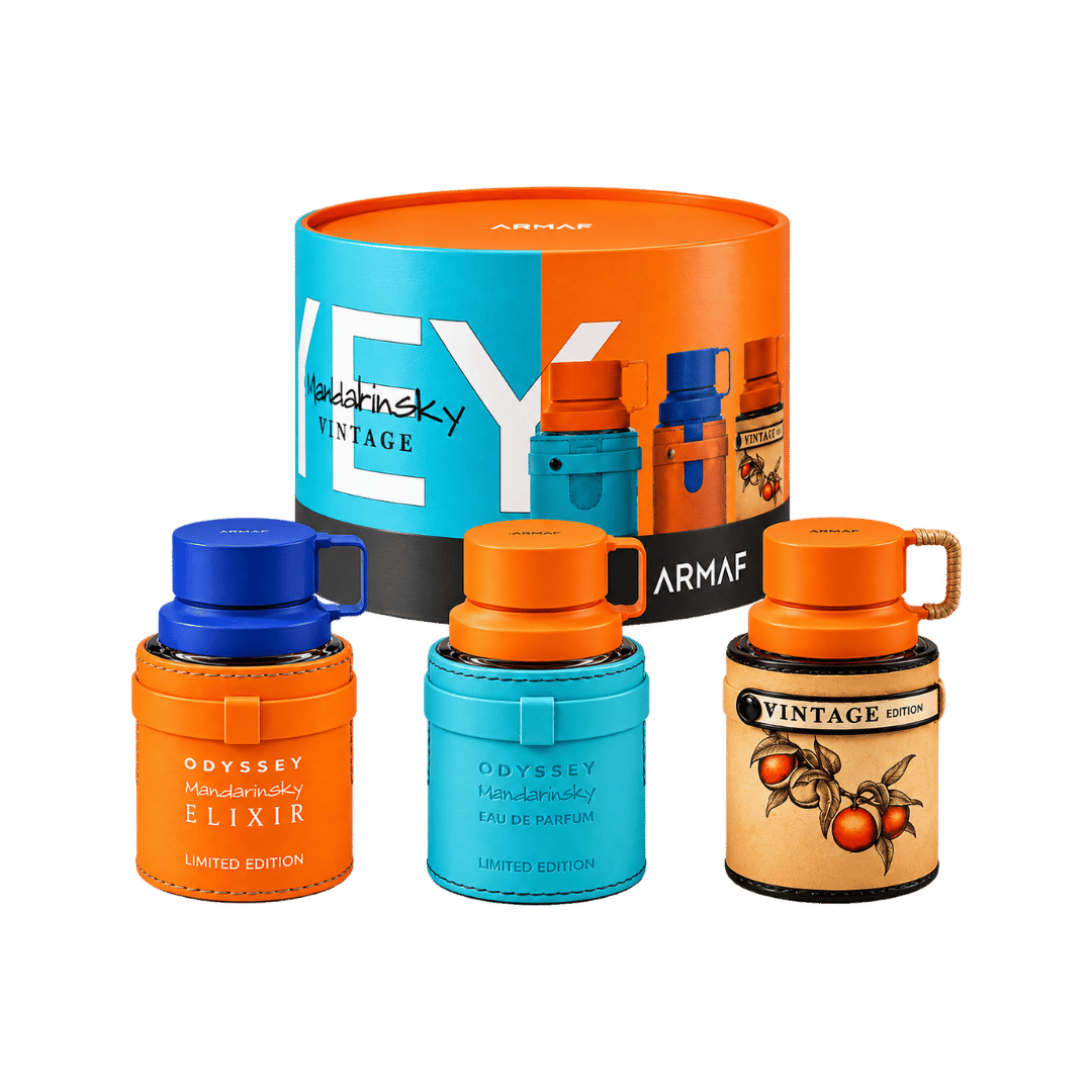Armaf Odyssey Wheel of Odyssey Mandarin Sky, Elixir & Vintage 3-Piece Gift Set with box and contents
