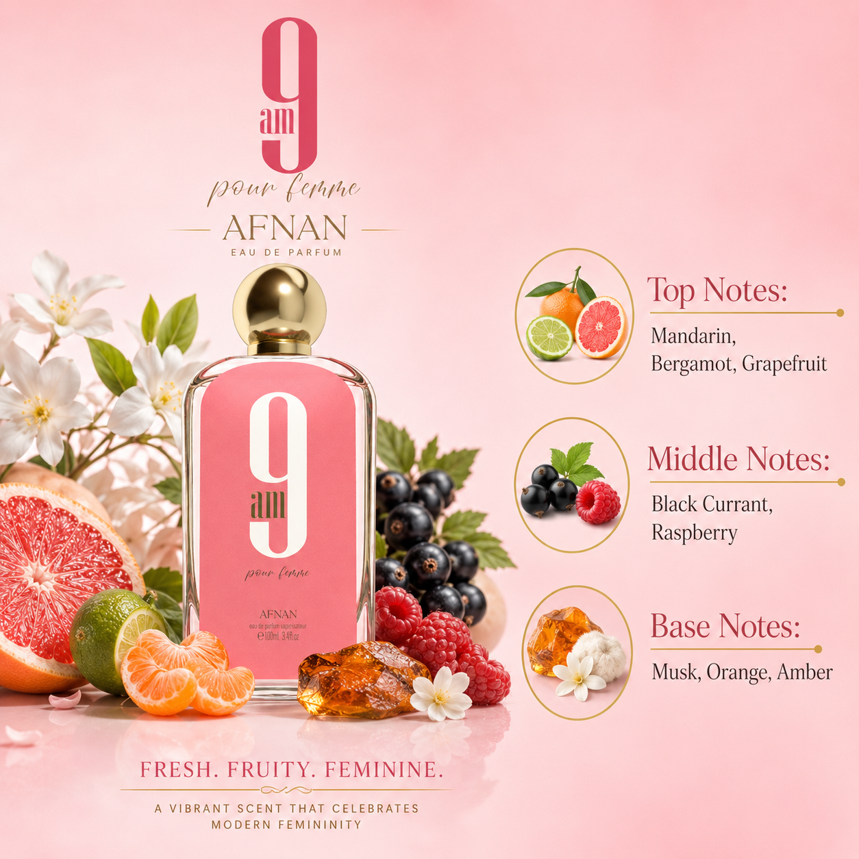 Afnan 9 AM Pour Femme Eau De Parfum Spray For Women 3.4 Ounce