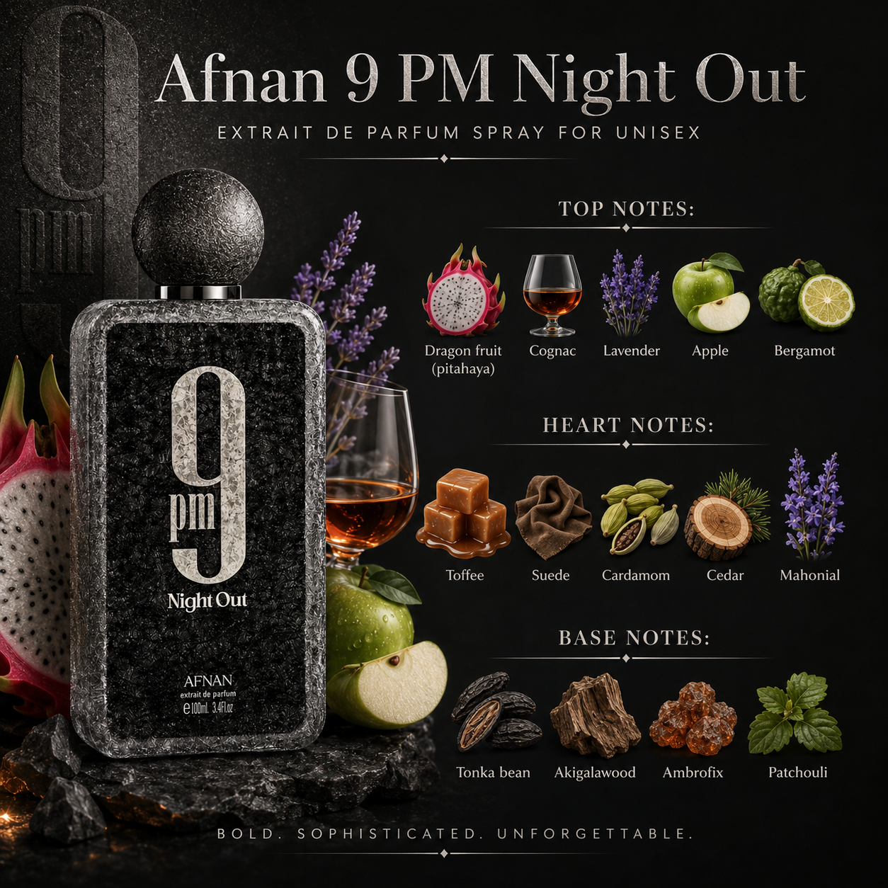 Afnan 9 PM Night Out Extrait de Parfum Spray For Unisex , 3.4 Ounce