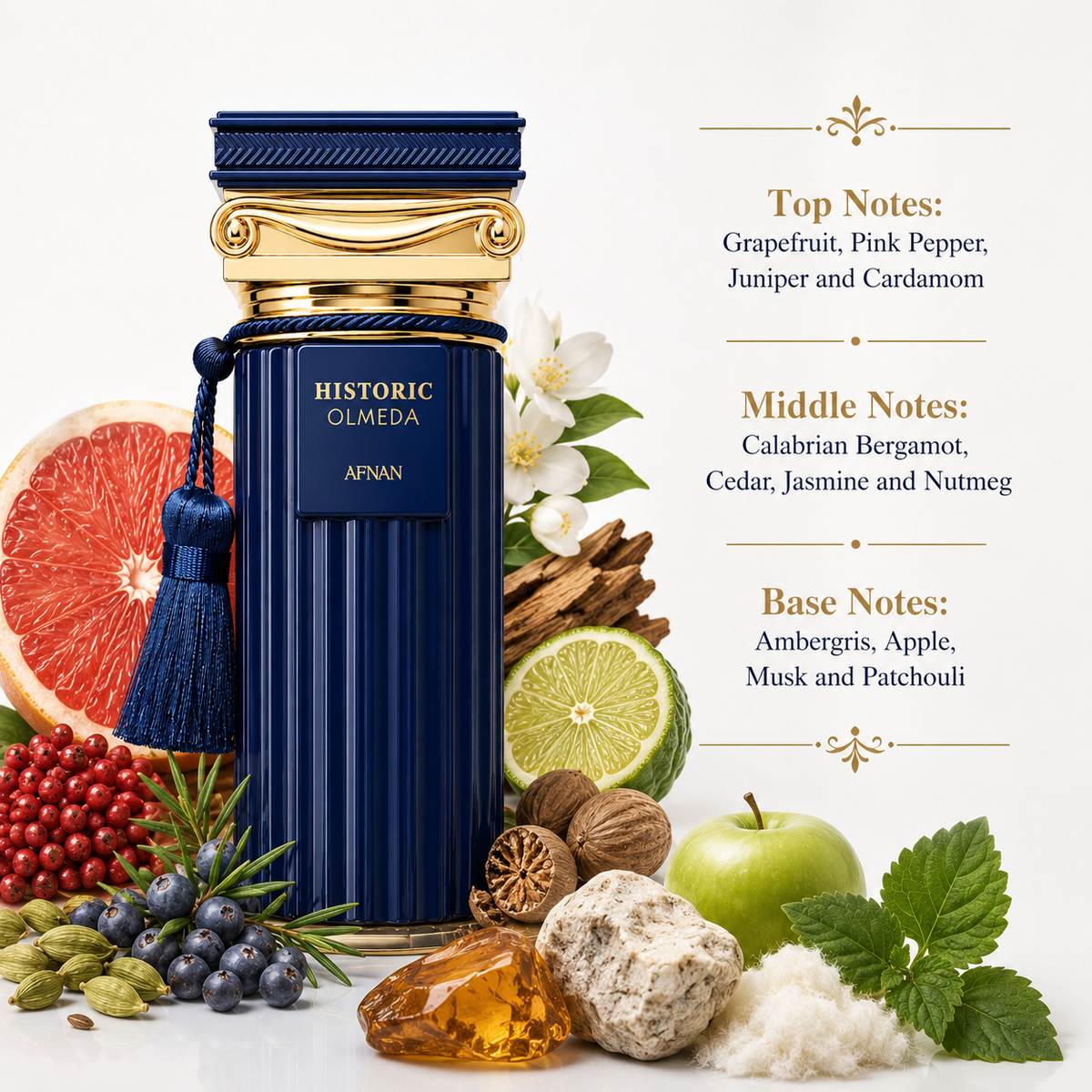 Afnan Historic Olmeda Eau de Parfum in a polished modern lifestyle display