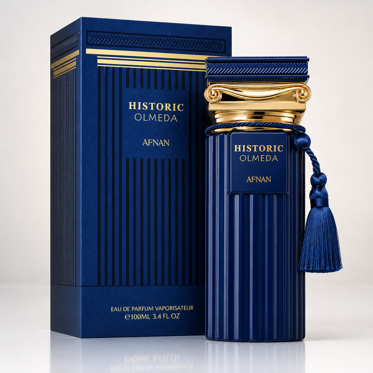 Afnan Historic Olmeda men's fragrance styled with Cardamom, Calabrian Bergamot and Ambergris accents