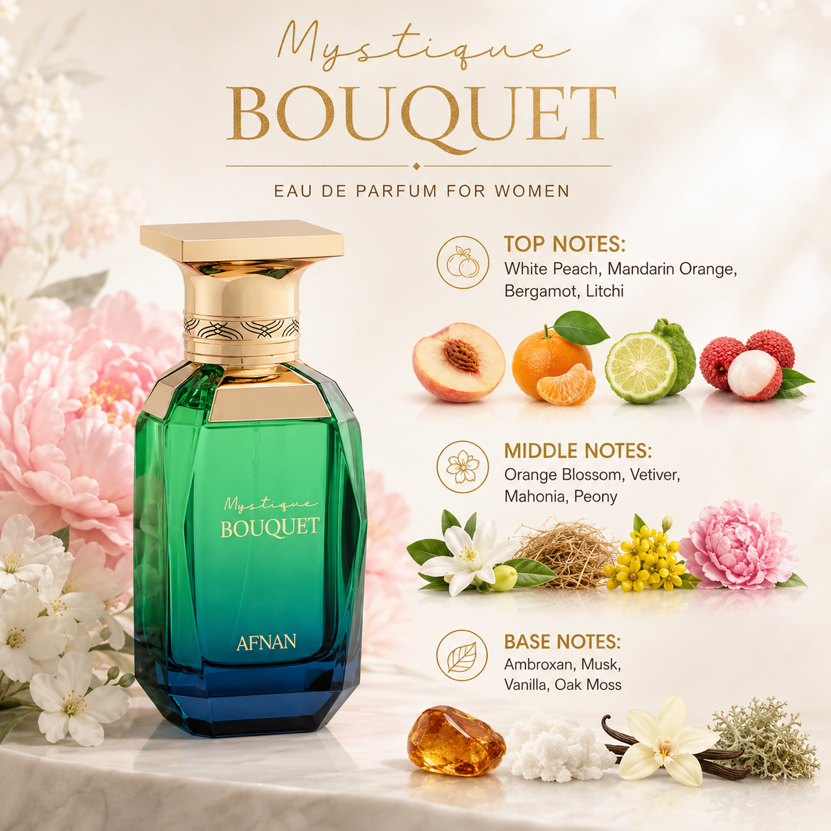 Afnan Mystique Bouquet Eau de Parfum in a polished modern lifestyle display