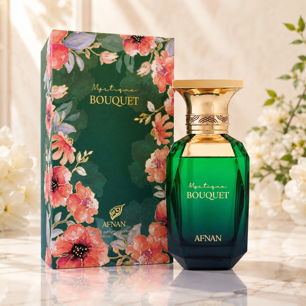 Afnan Mystique Bouquet women's fragrance styled with White Peach, Peony and Musk accents