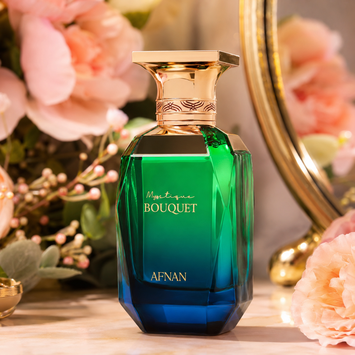 Close-up of Afnan Mystique Bouquet Eau de Parfum bottle and design details