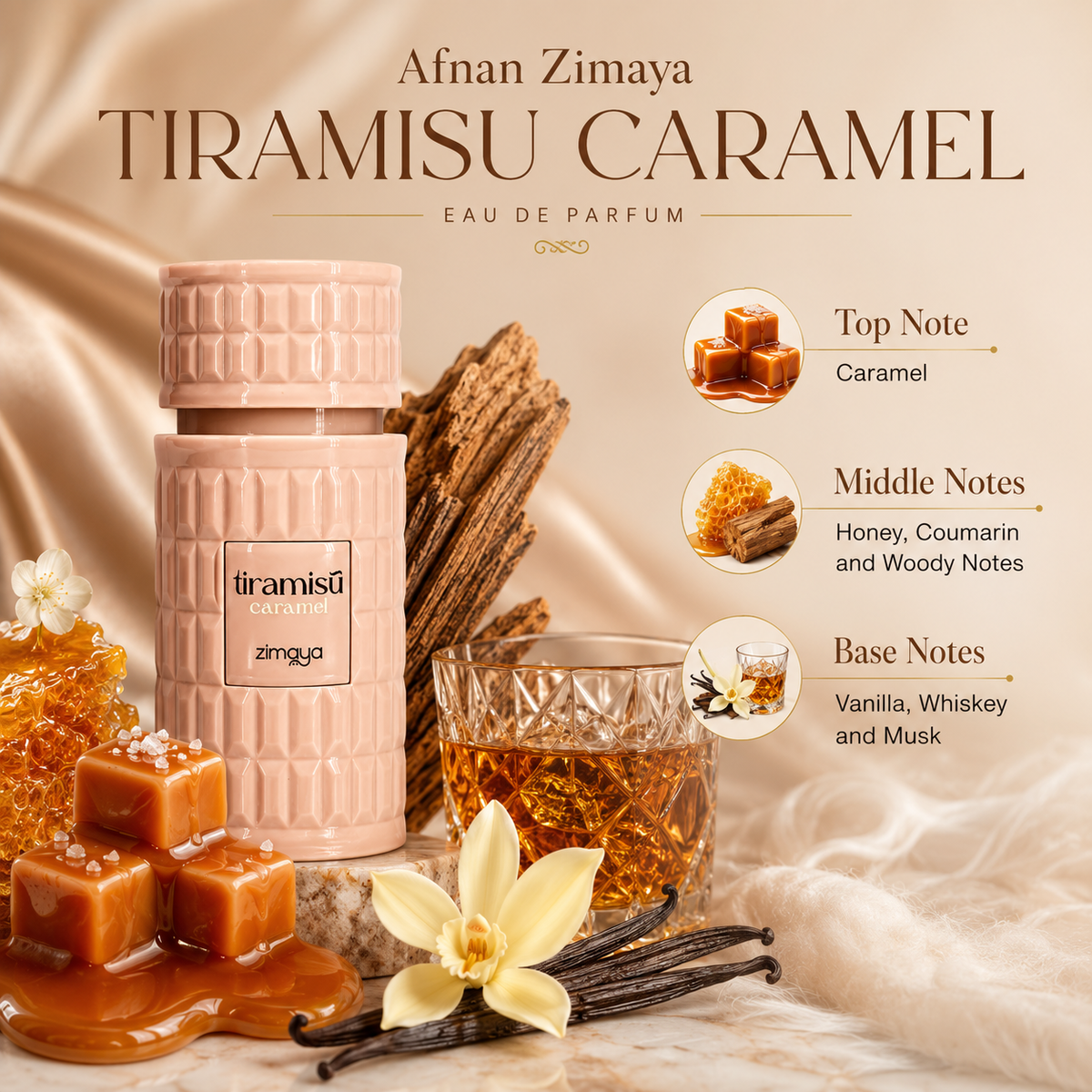 Afnan Zimaya Tiramisu Caramel Eau de Parfum in a warm indulgent lifestyle display