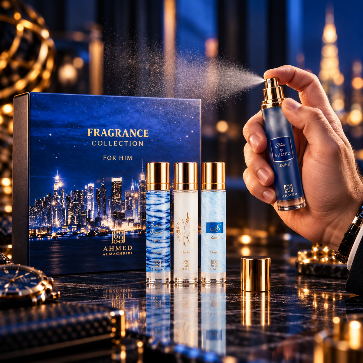 Ahmed Al Maghribi Fragrance Collection for Him Kaaf, Azure Royal, Blue & O'Clock 4-Piece Gift Set for Men