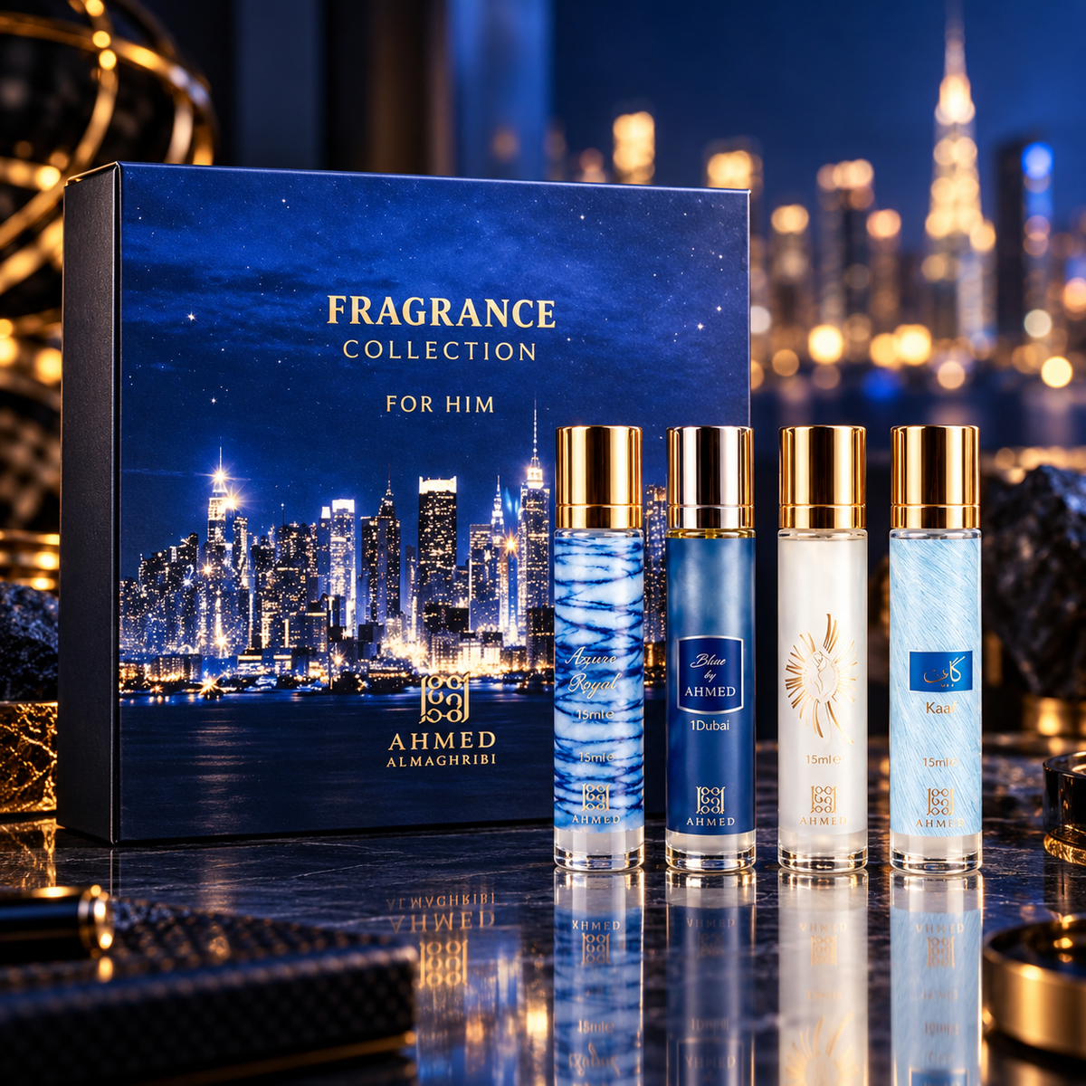 Ahmed Al Maghribi Fragrance Collection for Him Kaaf, Azure Royal, Blue & O'Clock 4-Piece Gift Set for Men