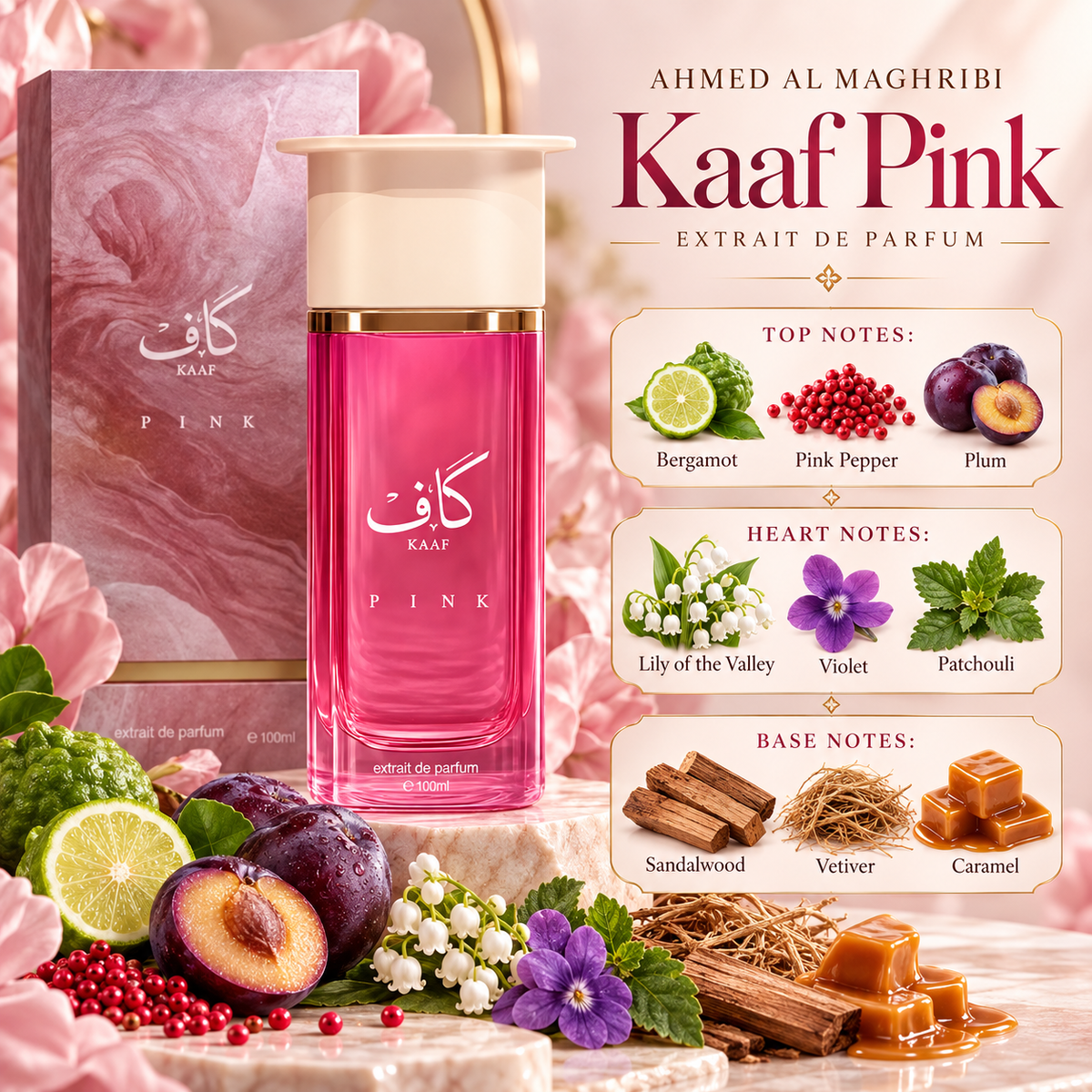 Ahmed Al Maghribi Kaaf Pink Extrait de Parfum for Unisex, 3.4 Ounce