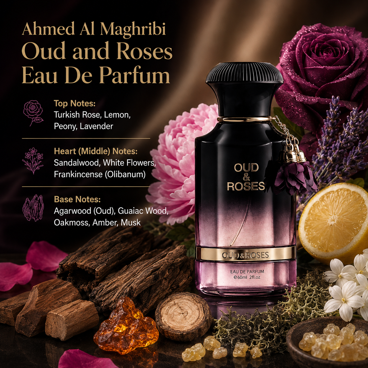 Ahmed Al Maghribi Oud & Roses Extrait de Parfum Spray for Unisex 2.0 Ounce