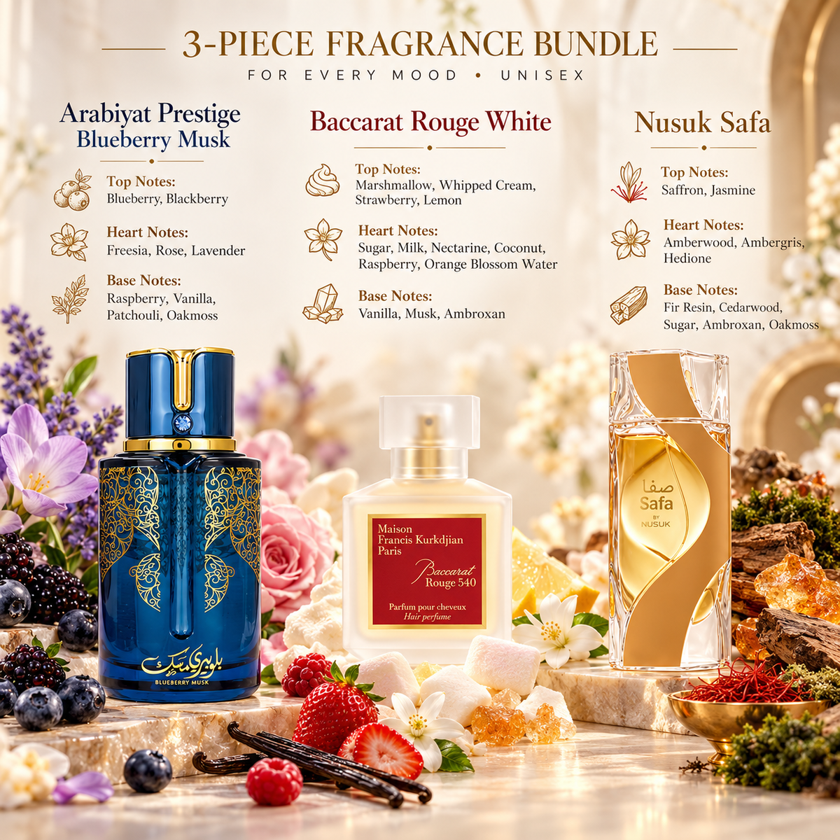 Arabiyat Prestige Blueberry Musk + Baccarat Rouge White + Nusuk Safa 3-Piece Fragrance Bundle for Unisex