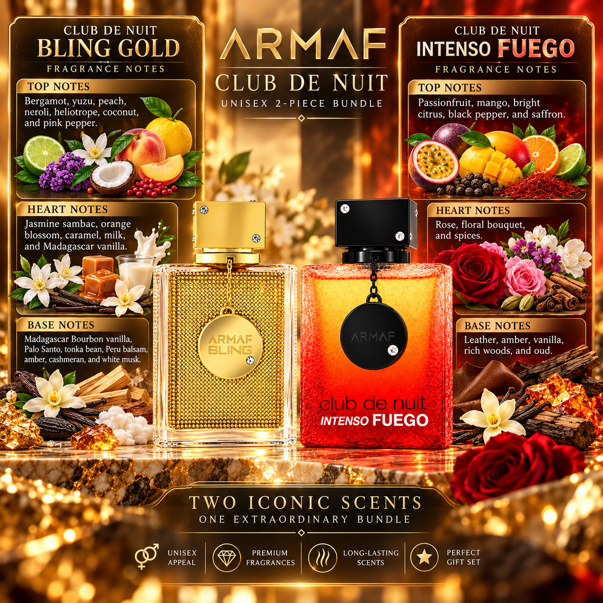 Armaf Club De Nuit Bling Gold + Armaf Club De Nuit Intenso Fuego 2-Piece Fragrance Bundle for Unisex