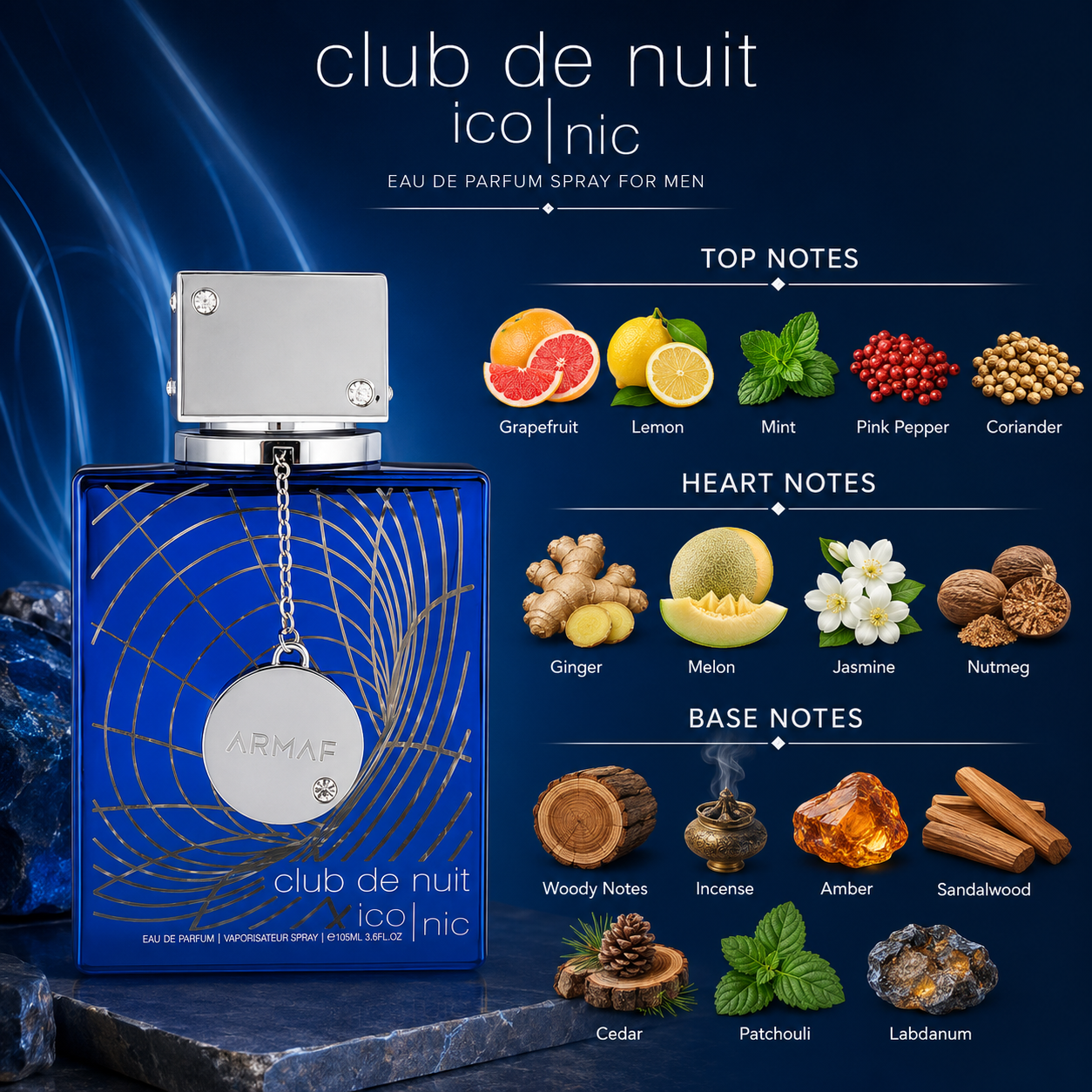 Armaf Club de Nuit Blue Iconic for Men Eau de Parfum Spray, 3.6 Ounce