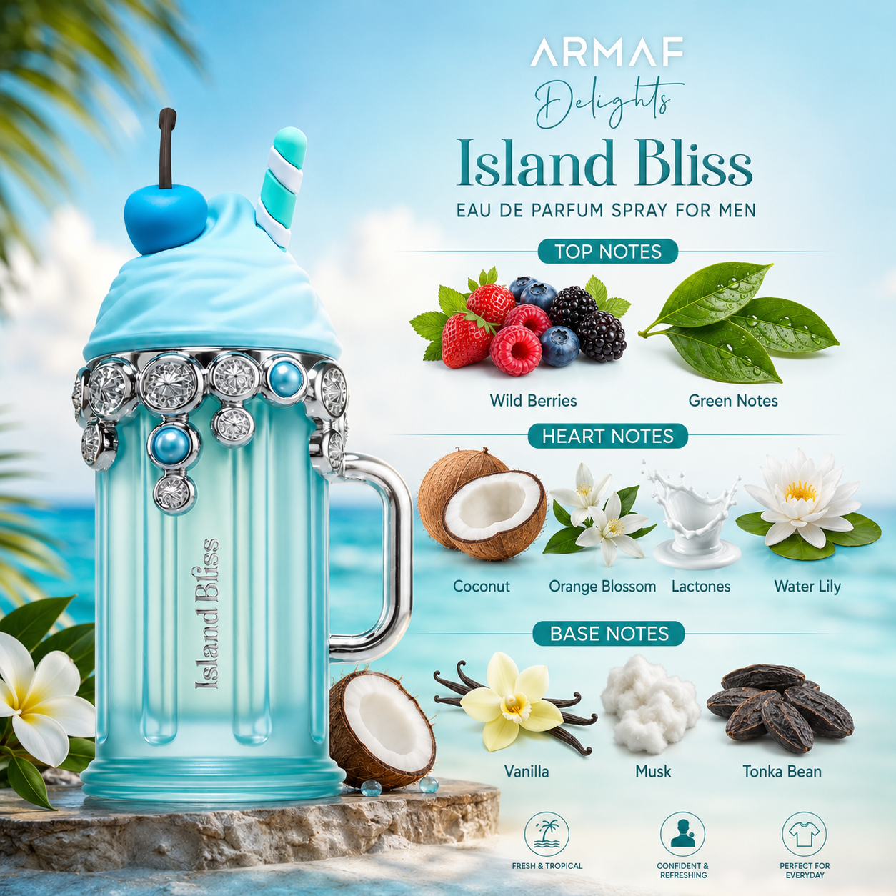 Armaf Delights Island Bliss Eau de Parfum Spray for Men 3.4 Ounce