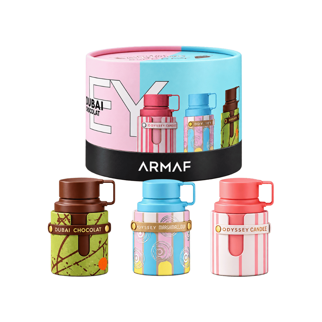 Armaf Odyssey Wheel of Odyssey Candee, Marshmallow & Dubai Chocolat 3-Piece Gift Set with box and contents
