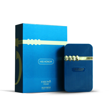 Fascino His Honor Blue perfume bottle and packaging with gold accents on a white background