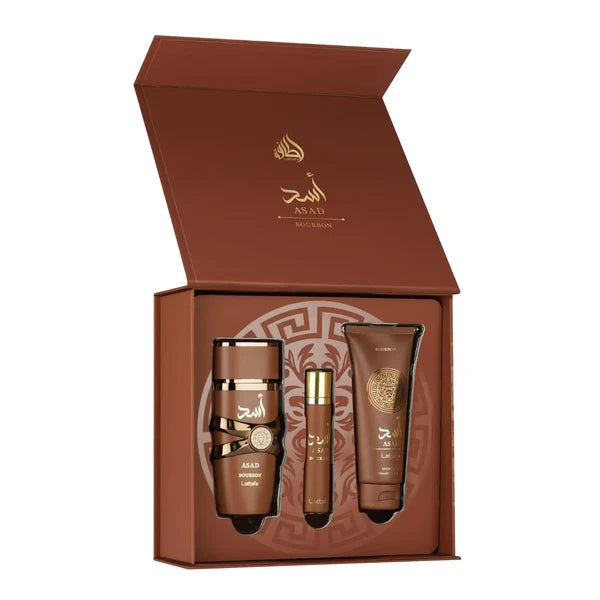 Lattafa  Asad Bourbon 3PC Gift Set (100ml + 12ml + Shower Gel) For Men