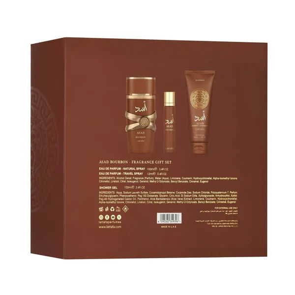 Lattafa  Asad Bourbon 3PC Gift Set (100ml + 12ml + Shower Gel) For Men