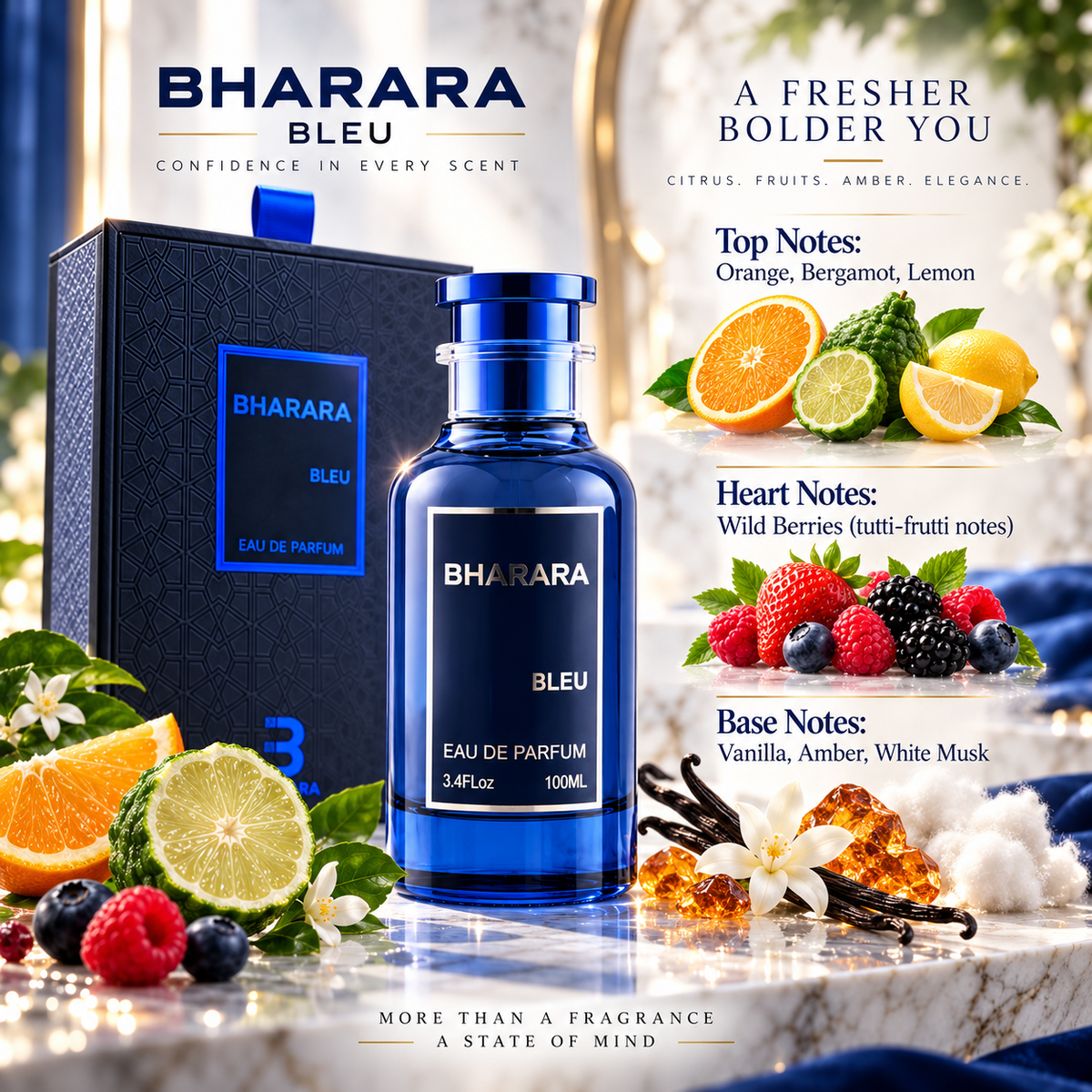 Bharara Bleu Eau de Parfum for Men, 3.4 Ounce