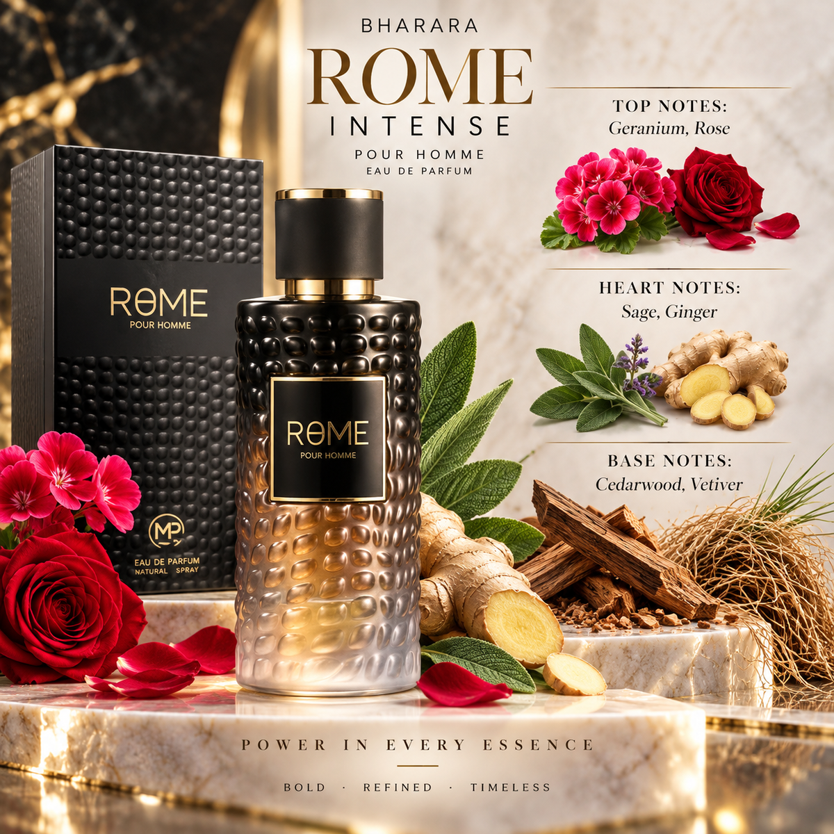 Bharara Rome Intense Pour Homme Eau de Parfum for Men, 3.4 Ounce