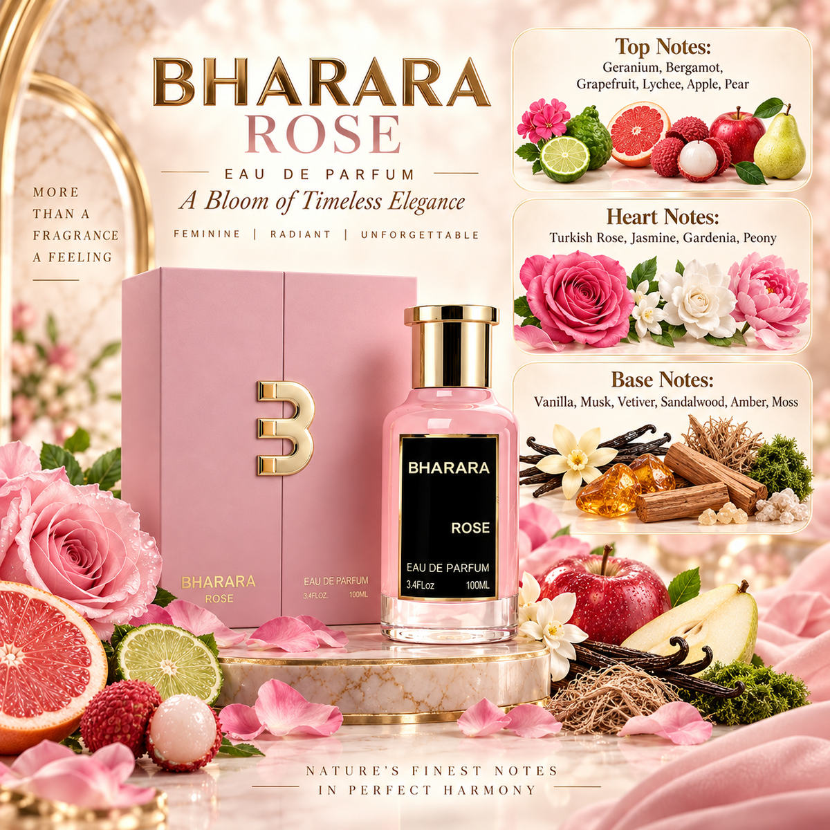 Bharara Rose Eau de Parfum for Women, 3.4 Ounce