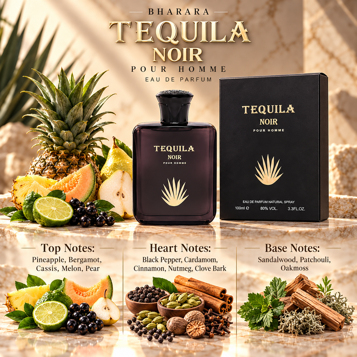 Bharara Tequila Noir Pour Homme Eau de Parfum for Men 3.3 Ounce