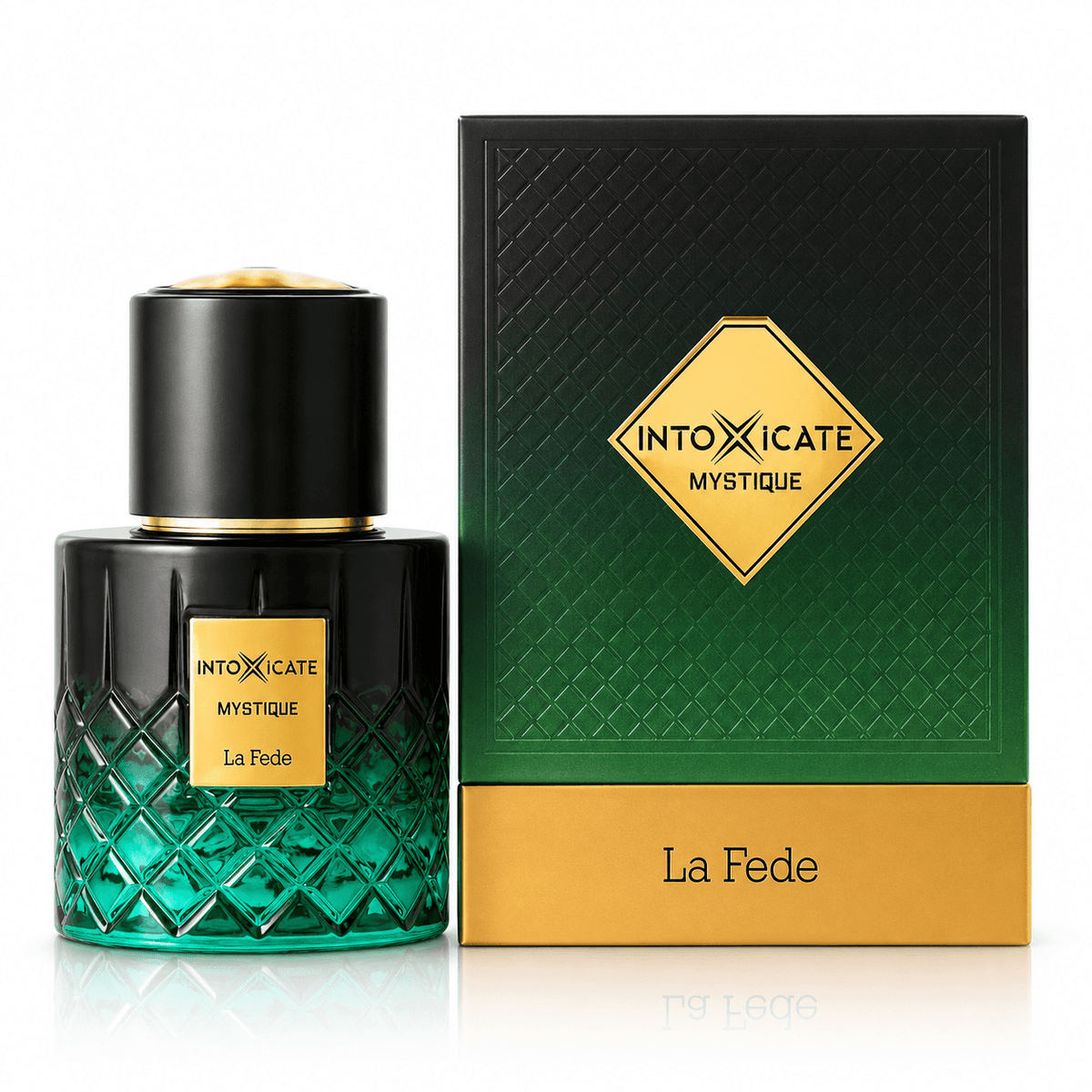 Close-up of Khadlaj La Fede Intoxicate Mystique Extrait de Parfum bottle and design details