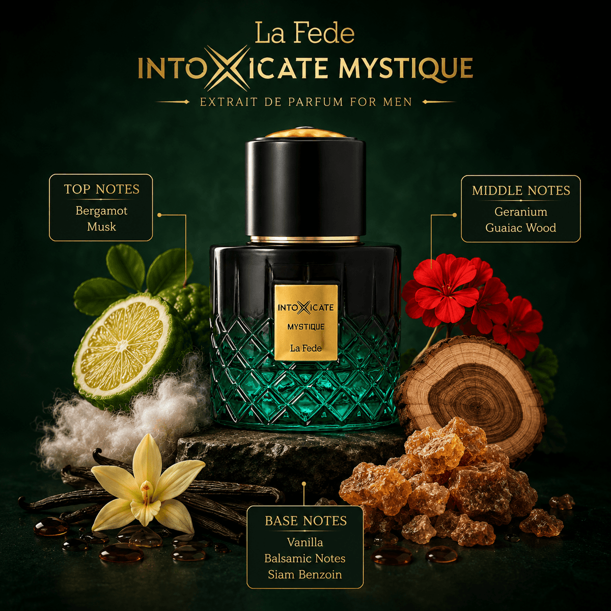Khadlaj La Fede Intoxicate Mystique Extrait in a sophisticated evening lifestyle display