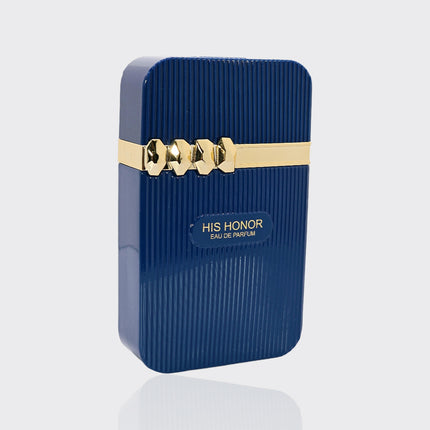 Blue and gold perfume bottle 'Fascino His Honor' branding on a light gray background
