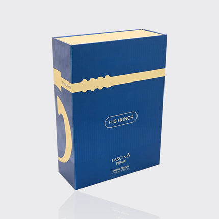 Blue and gold perfume box labeled ;Fascino His Honor ' on a white background