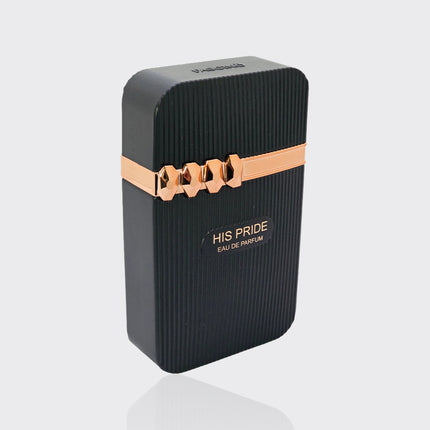 Black and rose gold perfume bottle labeled 'Fascino His Pride' on a light gray background