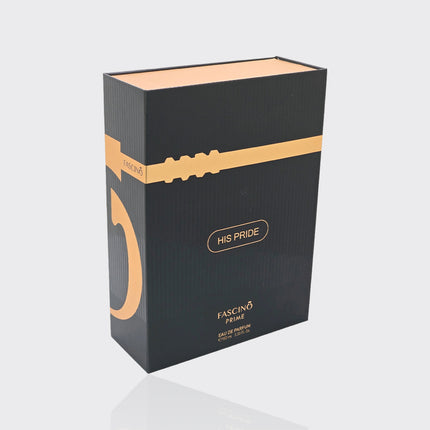 Black and gold box with 'Fascino His Pride' branding on a white background