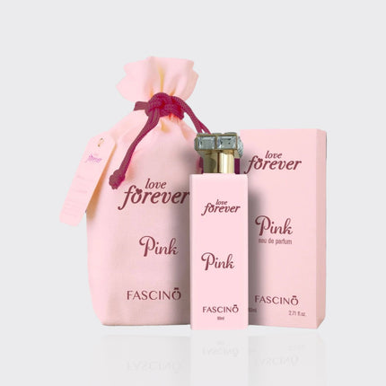 Fascino 'Love Forever Pink' perfume bottle and packaging on a light gray background