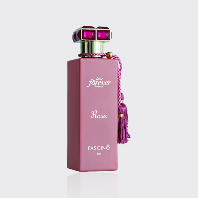 Pink perfume bottle with 'Fascino Love Forever Rose' branding on a light gray background