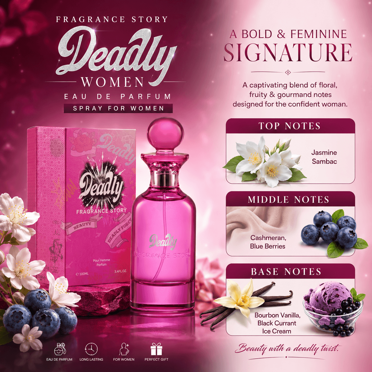 Fragrance Story Deadly Women Eau De Parfum Spray For Women 3.4 Ounce