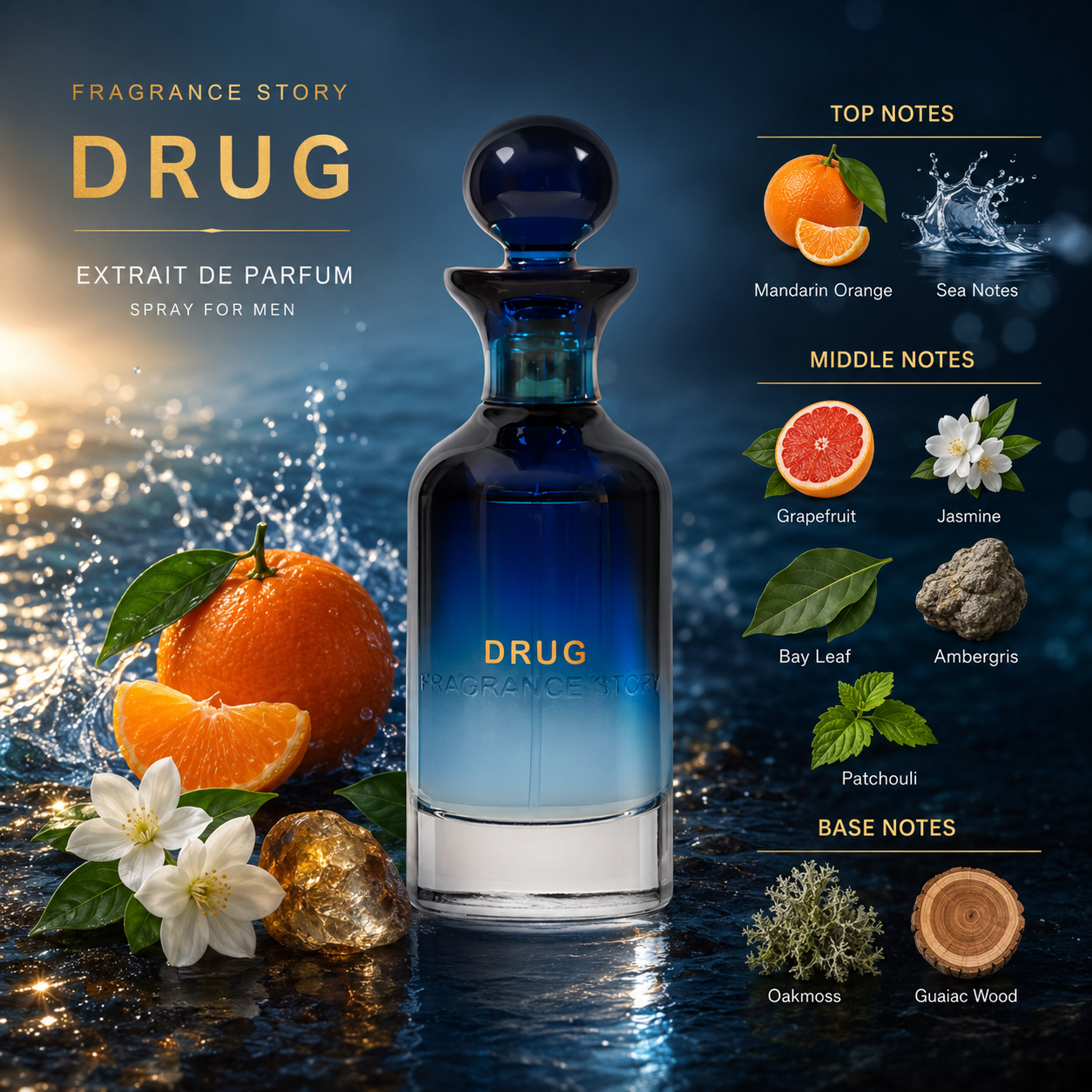 Fragrance Story Drug Extrait De Parfum Spray for Men 3.4 oz