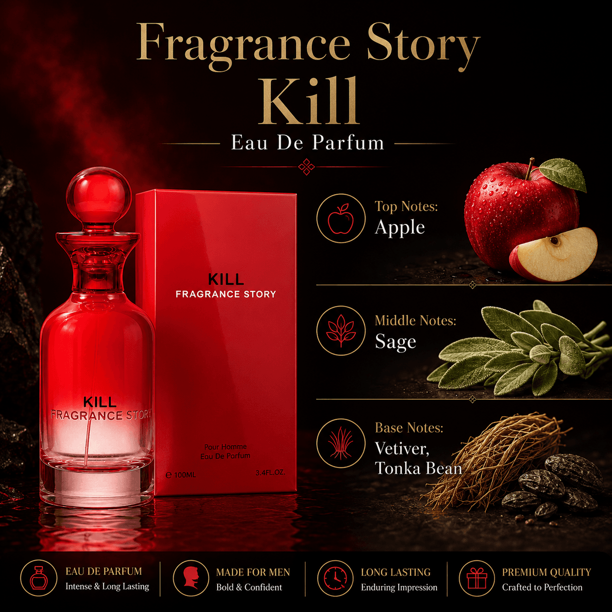 Fragrance Story Kill Eau De Parfum Spray For Men 3.4 Ounce