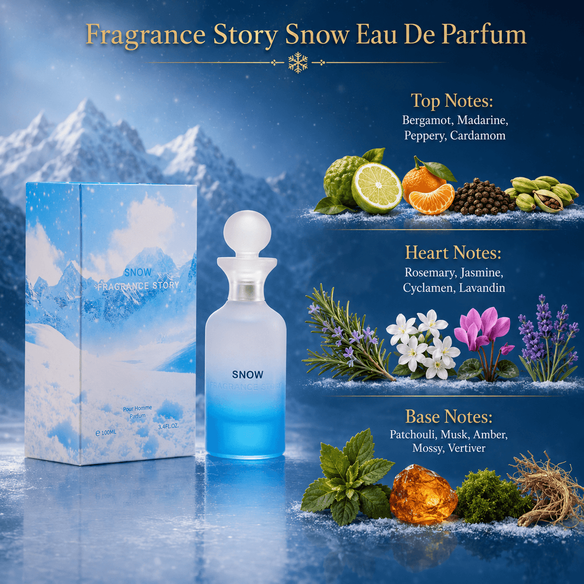 Fragrance Story Snow Eau De Parfum Spray For Men 3.4 Ounce
