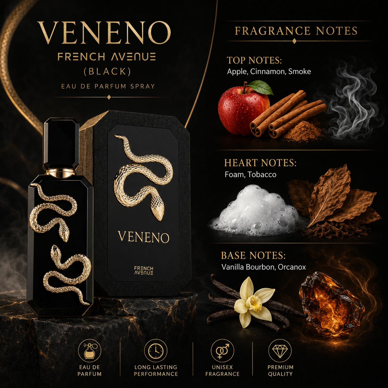 French Avenue Veneno (Black) Eau De Parfum Spray for Unisex, 3.4 Ounce