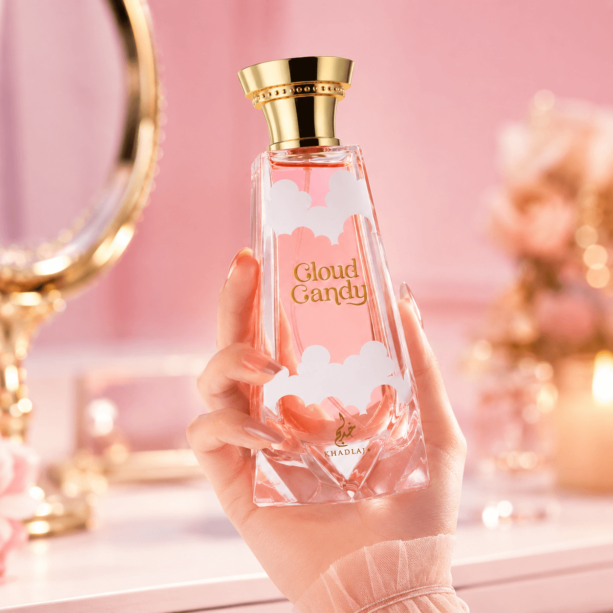 Khadlaj Cloud Candy unisex perfume in a playful sweet gourmand fragrance setting