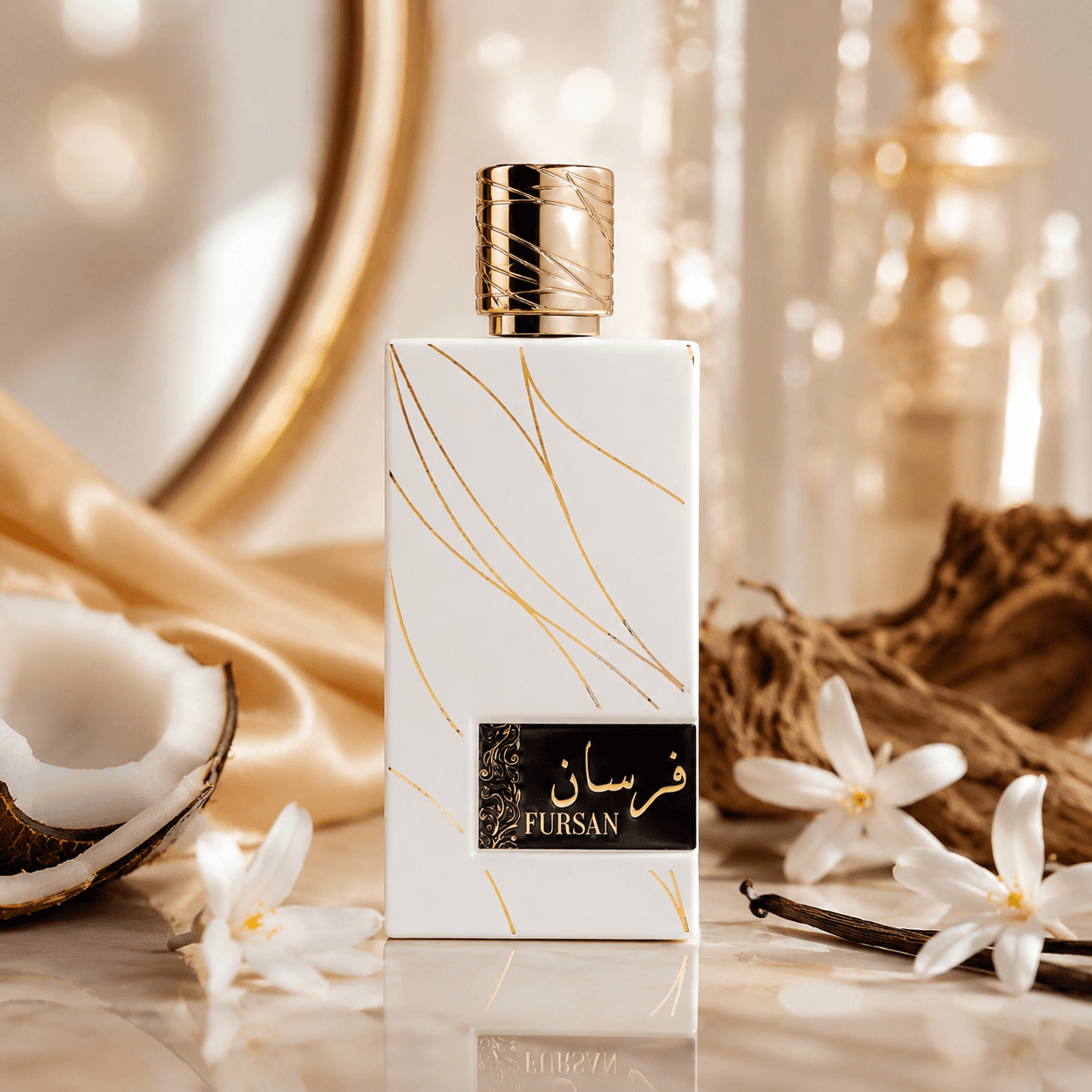 Close-up of Khadlaj Fursan White Eau de Parfum bottle and design details