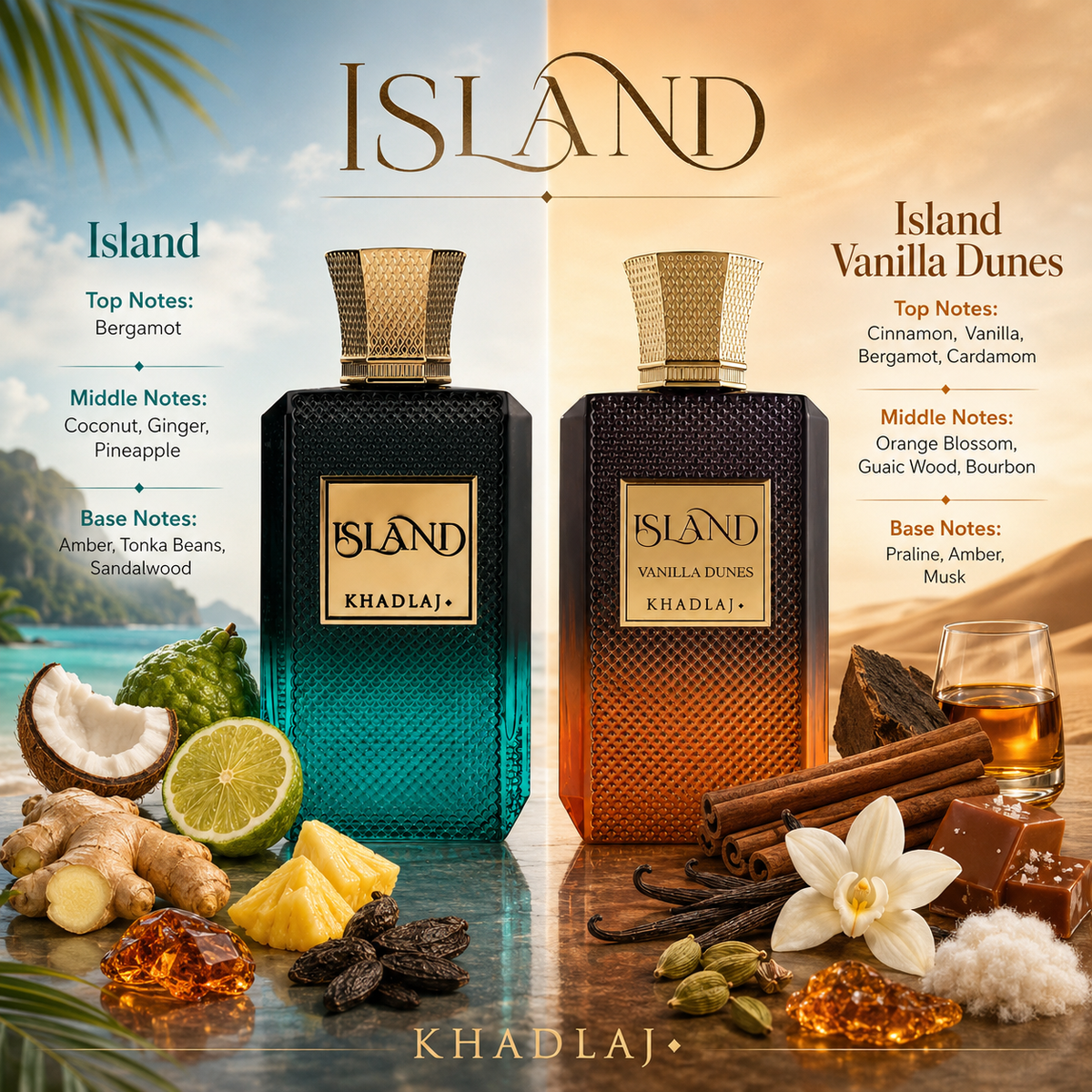Khadlaj Island 2 Piece Bundle Set (Khadlaj Island Extrait De Parfum, 3.4 Ounce & Khadlaj Island Vanilla Dunes Extrait de Parfum Spray, 3.4 Ounce)