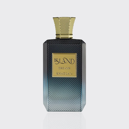 Perfume bottle labeled 'Island Dreams' by Khadraj on a light gray background