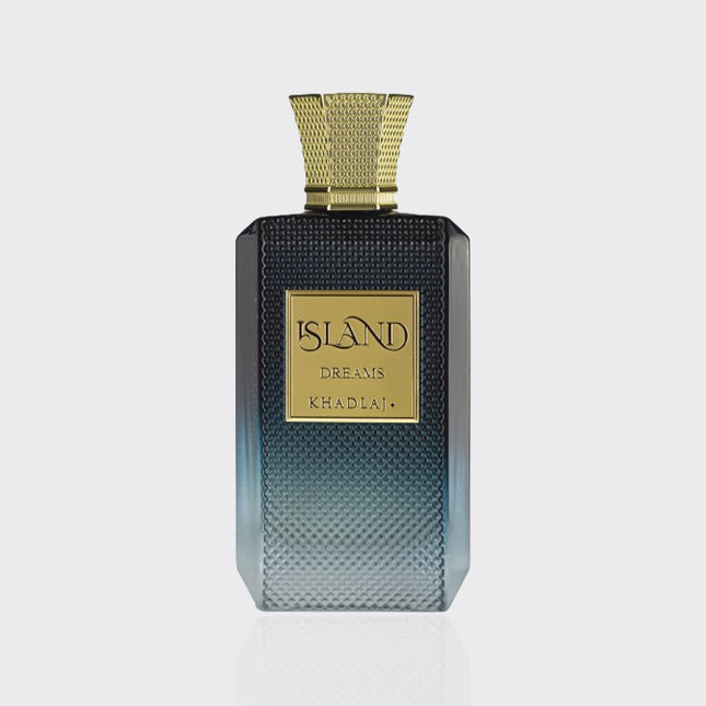 Perfume bottle labeled 'Island Dreams' by Khadraj on a light gray background