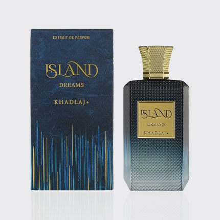 Perfume bottle and packaging of 'Island Dreams' by Khadlaj on a white background