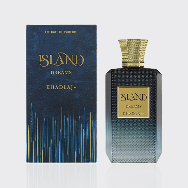 Perfume bottle and packaging of 'Island Dreams' by Khadlaj on a white background